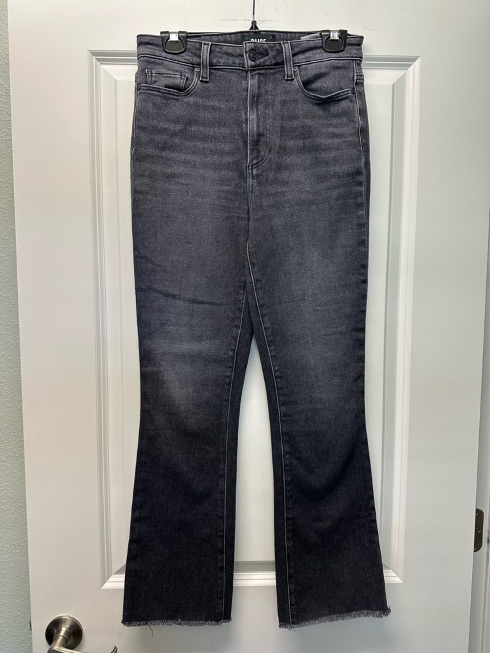 PAIGE Washed Black Ankle Length High-Rise Flare Claudine Jeans with Frayed Hem